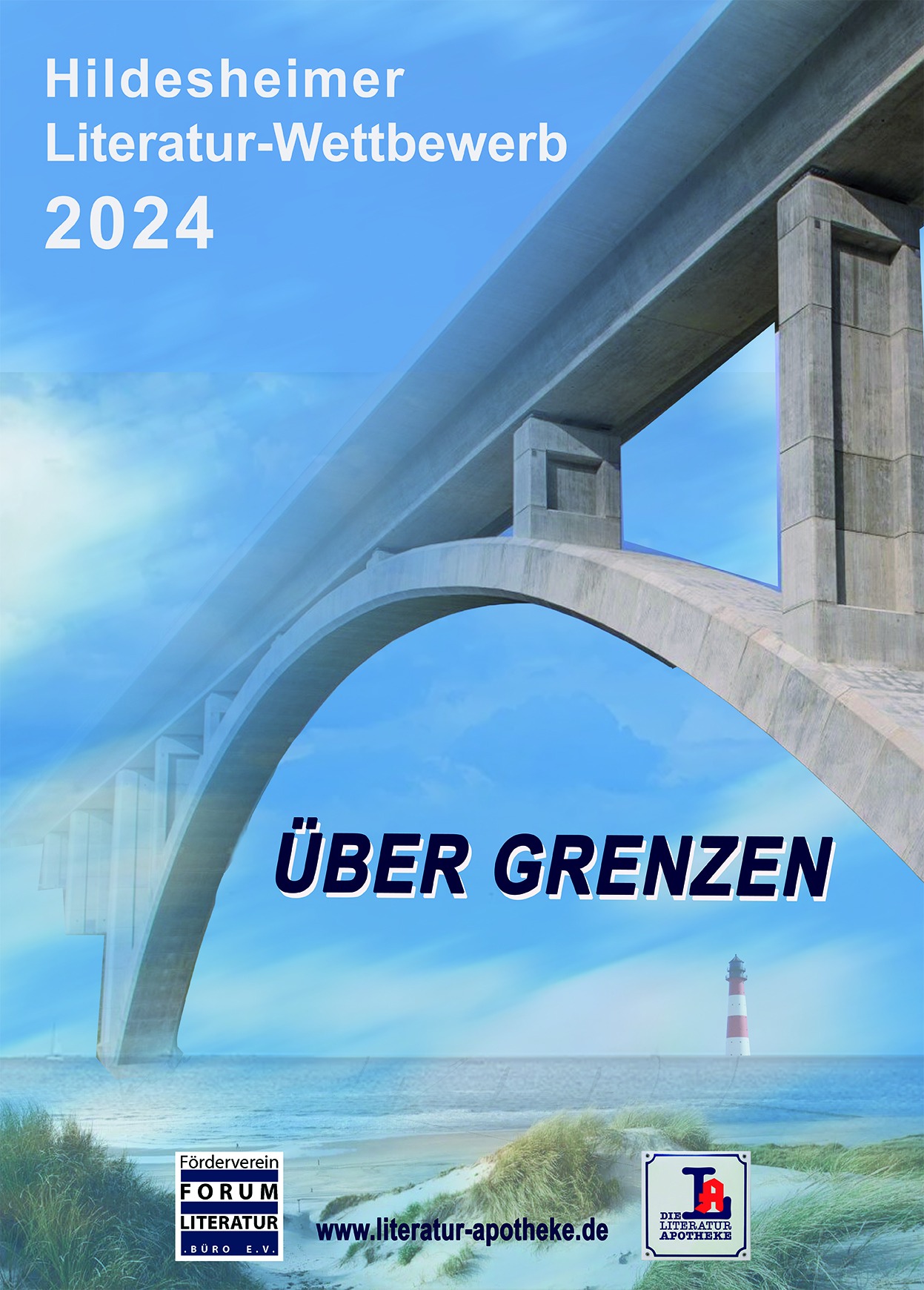 Auf dem Plakat des Hildesheimer Literaturwettbewerbs 2024 "Über Grenzen" führt eine große Steinbrücke über das Meer