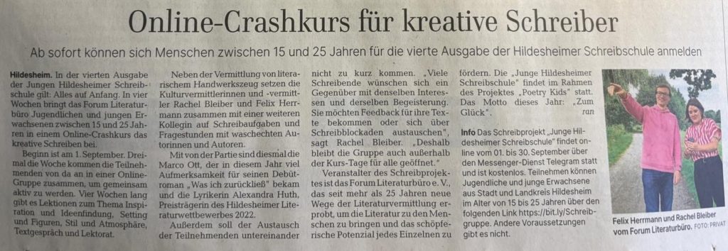 Zeitungsartikel Junge Hildesheimer Schreibschule 2024