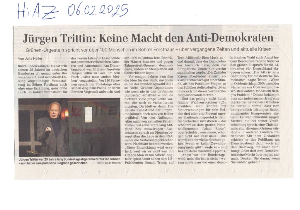 Artikel über die Lesung von Jürgen Trittin aus der Hildesheimer Allgemeinen Zeitung vom 06.02.2025