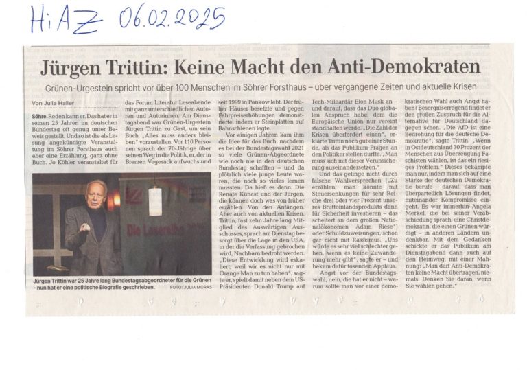 Artikel über die Lesung von Jürgen Trittin aus der Hildesheimer Allgemeinen Zeitung vom 06.02.2025