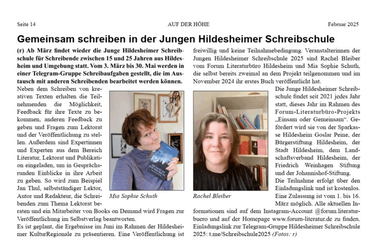 Artikel über die Junge Hildesheimer Schreibschule in der Zeitung "Auf der Höhe" vom Februar 2025