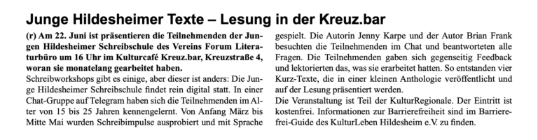 Ein Artikel über die Lesung der Jungen Hildesheimer Schreibschule aus der Juni-Ausgabe des Stadtteilmagazins "Auf der Höhe"