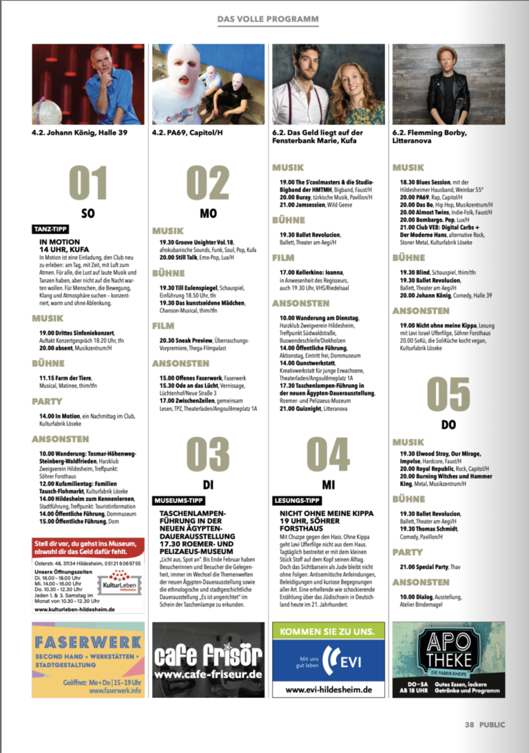 Eine Ankündigung aus der PUBLIC über die Lesung mit Levi Ufferfilge vom Februar