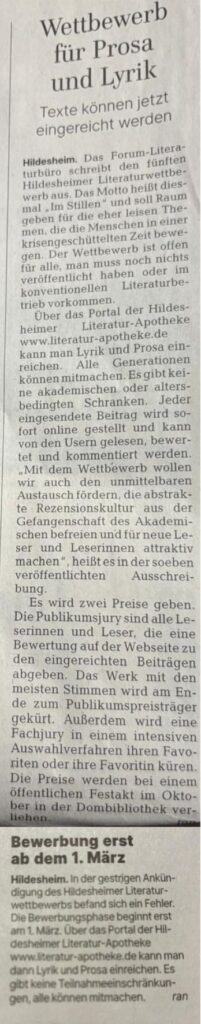 Ein Artikel aus der Hildesheimer Allgemeinen Zeitung über den Hildesheimer Literaturwettbewerb vom 23.02.2026