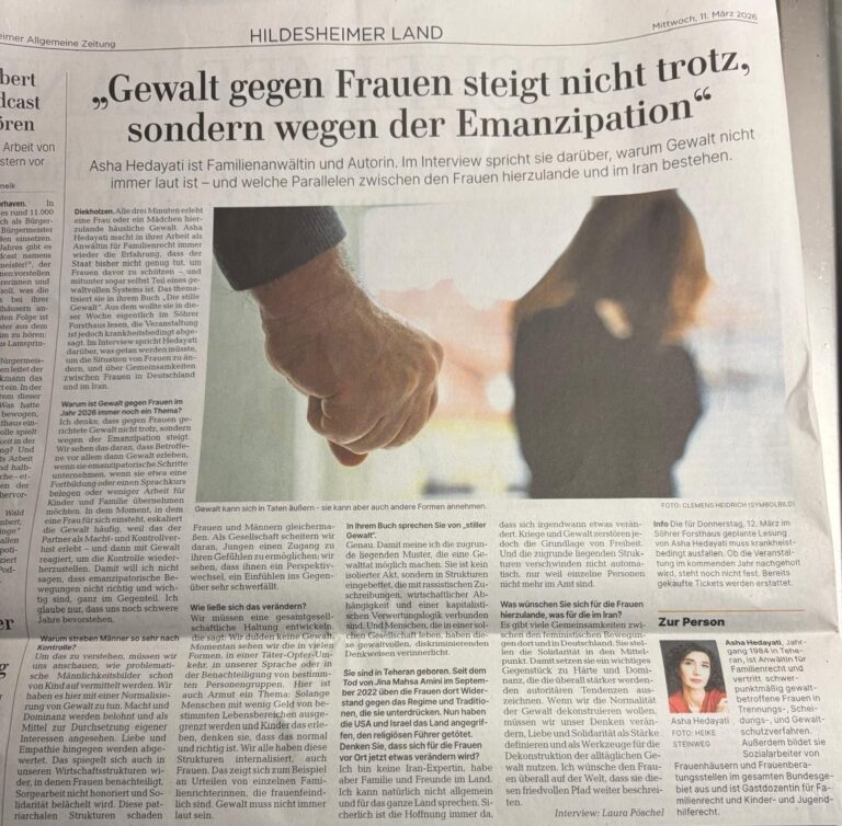 Ein Interview mit der Autorin Asha Hedayati aus der Hildesheimer Allgemeinen Zeitung vom 11.03.2026