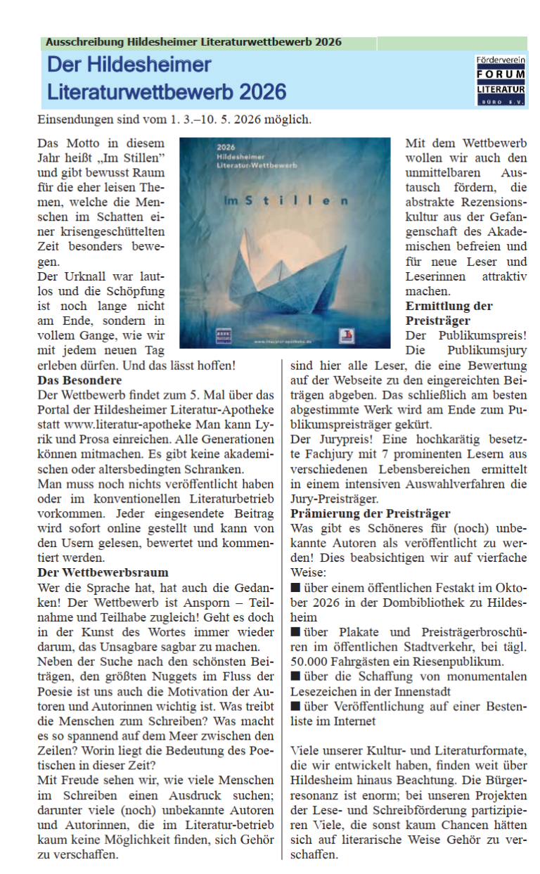 Ein Artikel aus dem Ost-Innenstädter über den Hildesheimer Literaturwettbewerb vom März