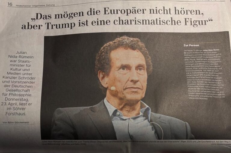 Ein Artikel über die Lesung mit Julian Nida-Rümelin aus der Hildesheimer Allgemeinen Zeitung vom 02.04.2026